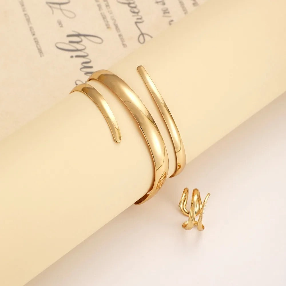 2 Pcs Set Exaggeration Personality Gold Color Spiral Multilayer Bracelet Ring for Women - Revelloventures