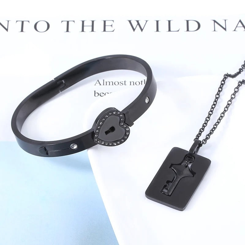 Heart Bracelet Choker Set Jewelry Stainless Steel Key Pendant Necklace Women Men Lover Couples - Revelloventures
