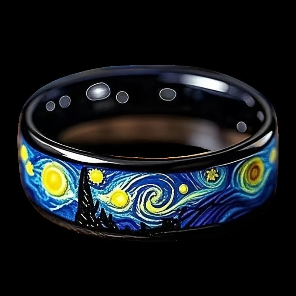 Starry Night Pattern Black Ring