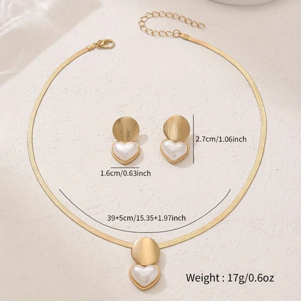 2pcs Set Minimalist Creative Gold Color Circular Heart-shaped Pendant Snake Bone Chain Necklace Earrings - Revelloventures
