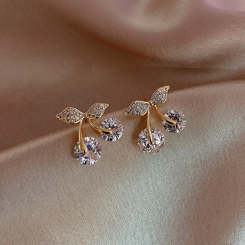 Petite Cherry Delicate Stud Earrings For Women Lovely Cute Zircon Rhinestone Bow Bowknot Earring