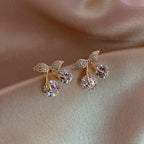 Petite Cherry Delicate Stud Earrings For Women Lovely Cute Zircon Rhinestone Bow Bowknot Earring