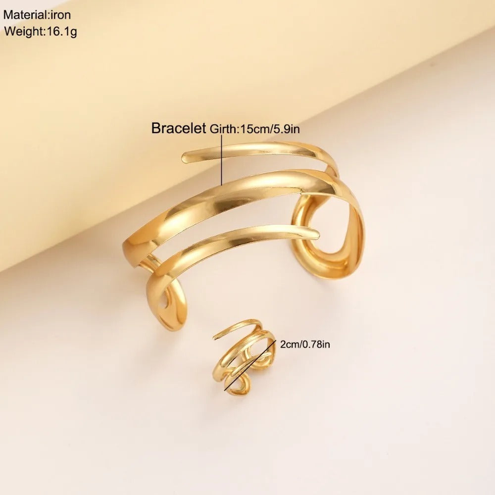 2 Pcs Set Exaggeration Personality Gold Color Spiral Multilayer Bracelet Ring for Women - Revelloventures