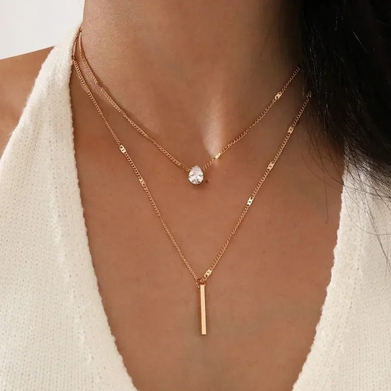 Crystal Zircon Heart Star Charm Layered Necklace