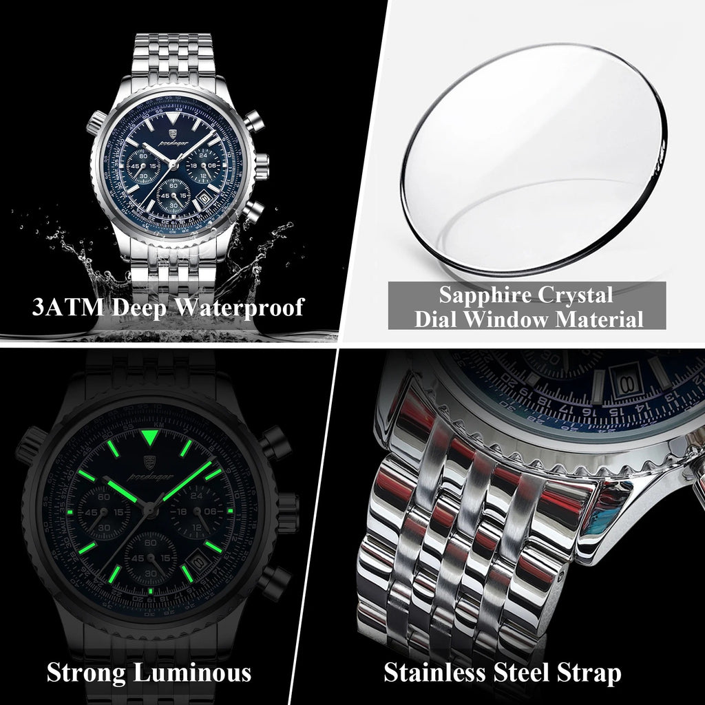 POEDAGAR Top Fashion Men Wristwatch Stainless Steel Luminous Quartz Man Clock Date Chronograph Military Men's Watches