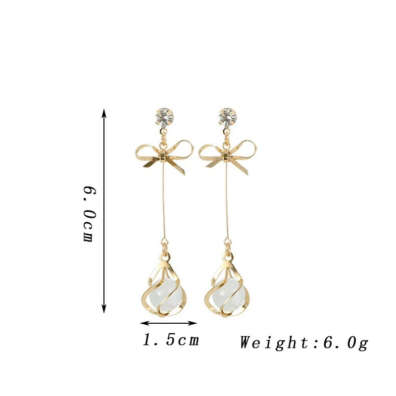 Golden Metal Rhinestones Bow Frame Dangle Opal Earrings for Women
