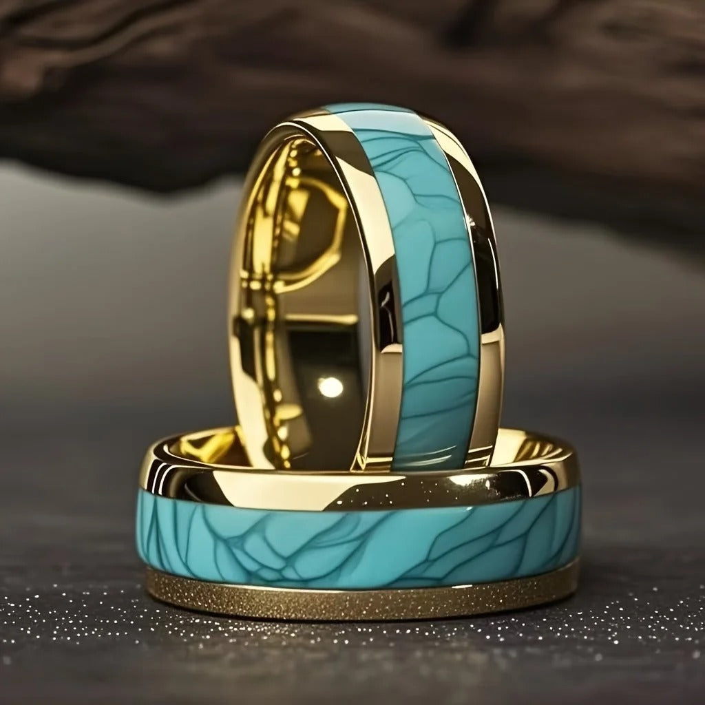 Unique Turquoise Stone Inlay Gold Color Steel Ring