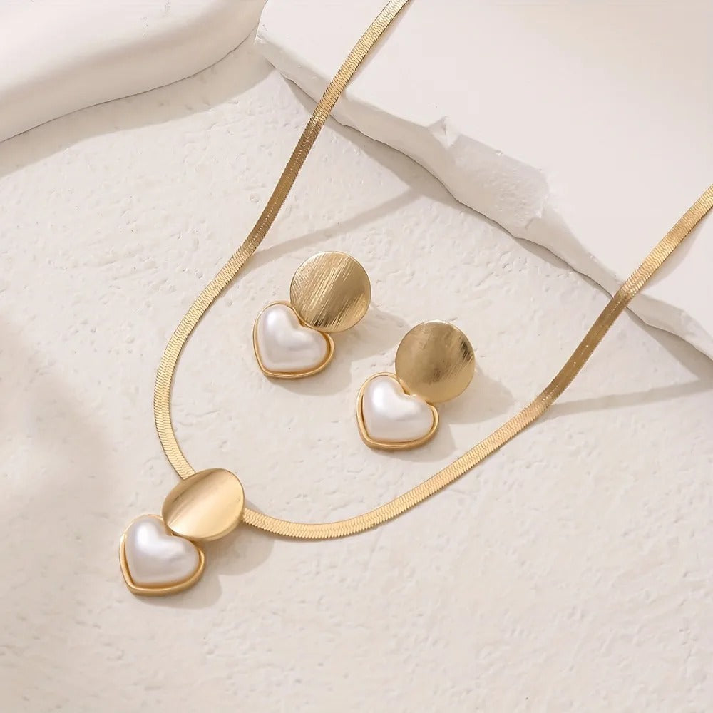 2pcs Set Minimalist Creative Gold Color Circular Heart-shaped Pendant Snake Bone Chain Necklace Earrings - Revelloventures