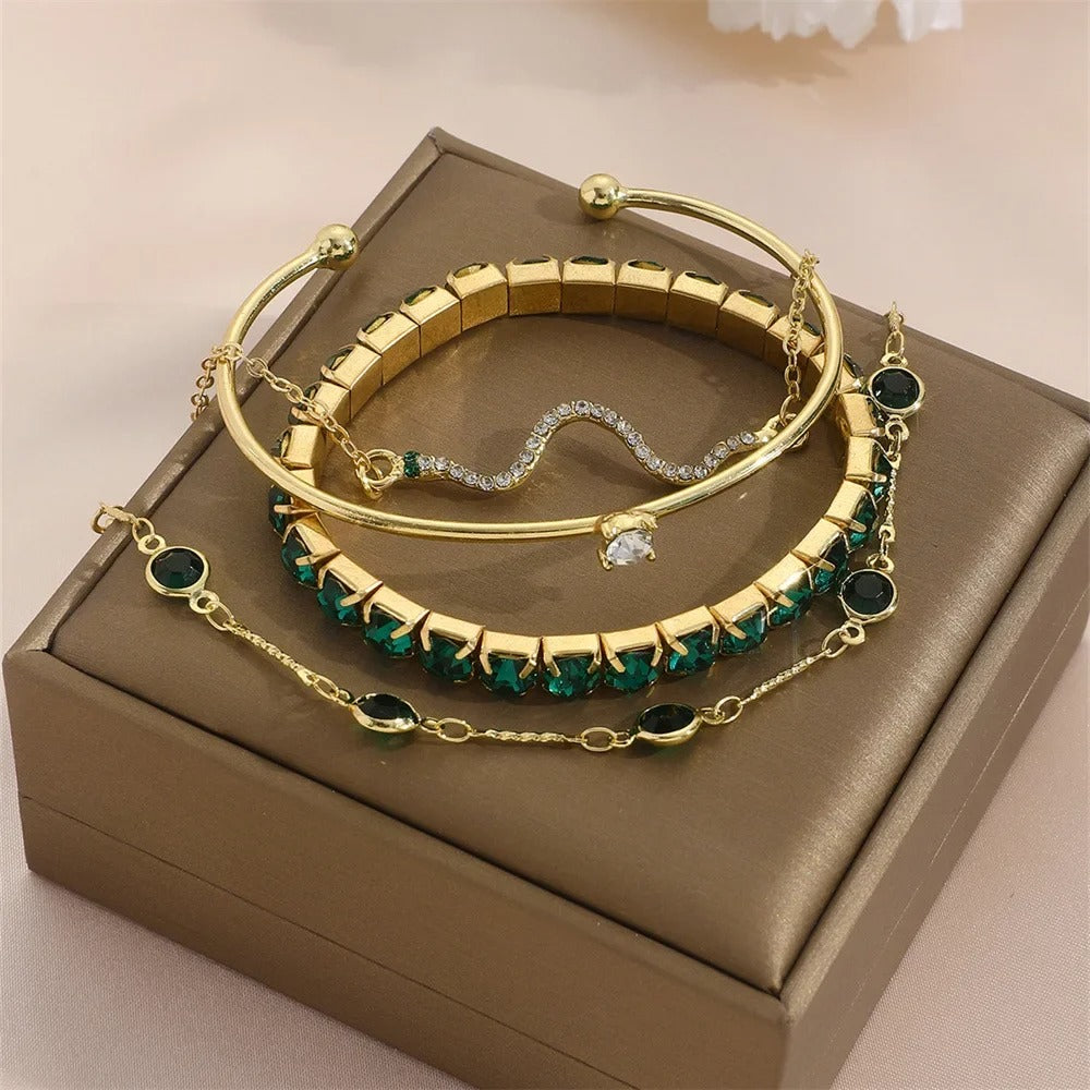 4Pcs/Set Fashion Snake Green Gemstone Bangle Rhinestone Full Metal Bracelet For Women - Revelloventures