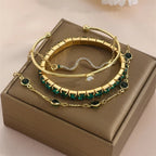 4Pcs/Set Fashion Snake Green Gemstone Bangle Rhinestone Full Metal Bracelet For Women - Revelloventures