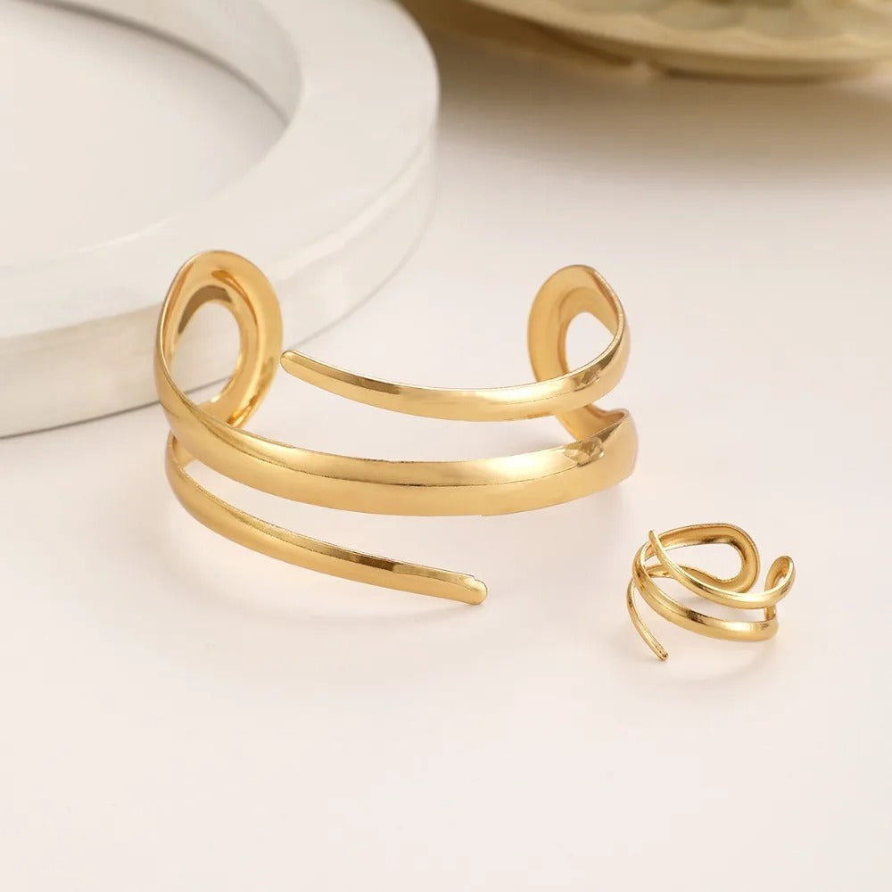 2 Pcs Set Exaggeration Personality Gold Color Spiral Multilayer Bracelet Ring for Women - Revelloventures