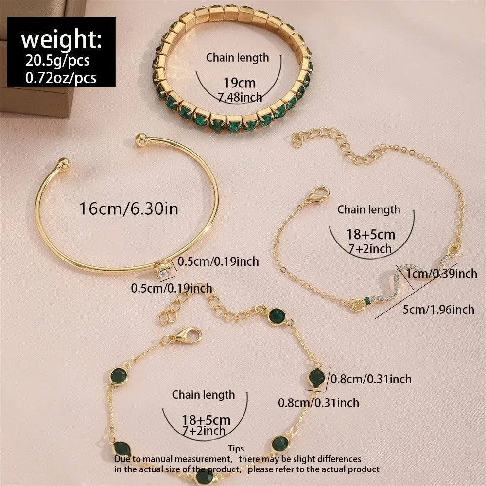 4Pcs/Set Fashion Snake Green Gemstone Bangle Rhinestone Full Metal Bracelet For Women - Revelloventures