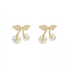 Petite Cherry Delicate Stud Earrings For Women Lovely Cute Zircon Rhinestone Bow Bowknot Earring