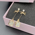 Golden Metal Rhinestones Bow Frame Dangle Opal Earrings for Women