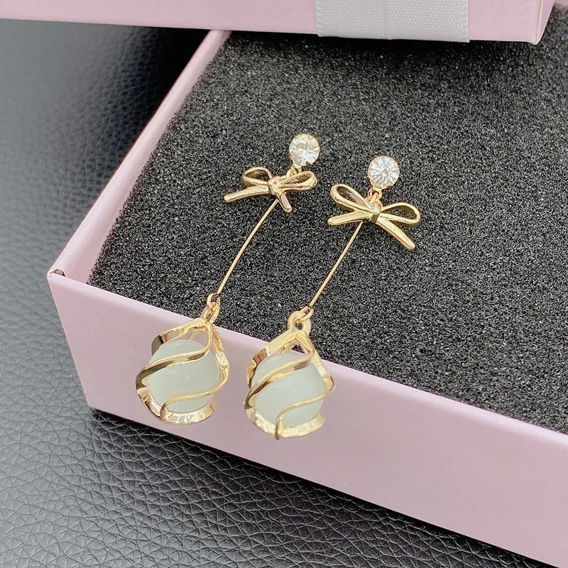 Golden Metal Rhinestones Bow Frame Dangle Opal Earrings for Women
