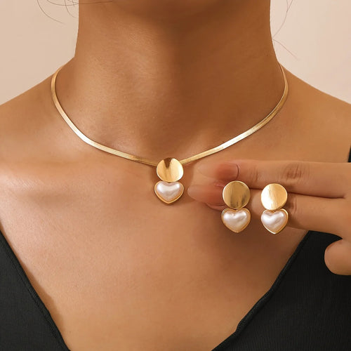 2pcs Set Minimalist Creative Gold Color Circular Heart-shaped Pendant Snake Bone Chain Necklace Earrings - Revelloventures