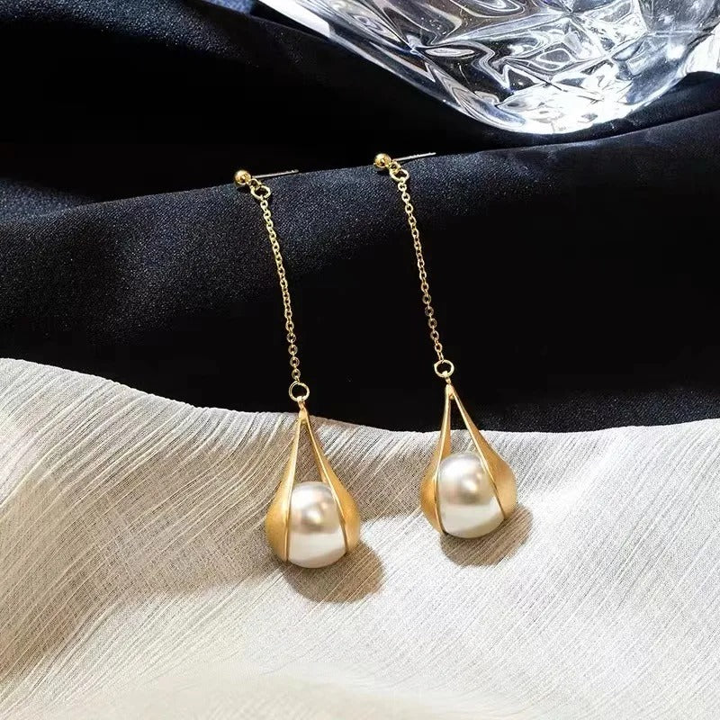 Long Dangle Imitation Pearl Drop Earrings