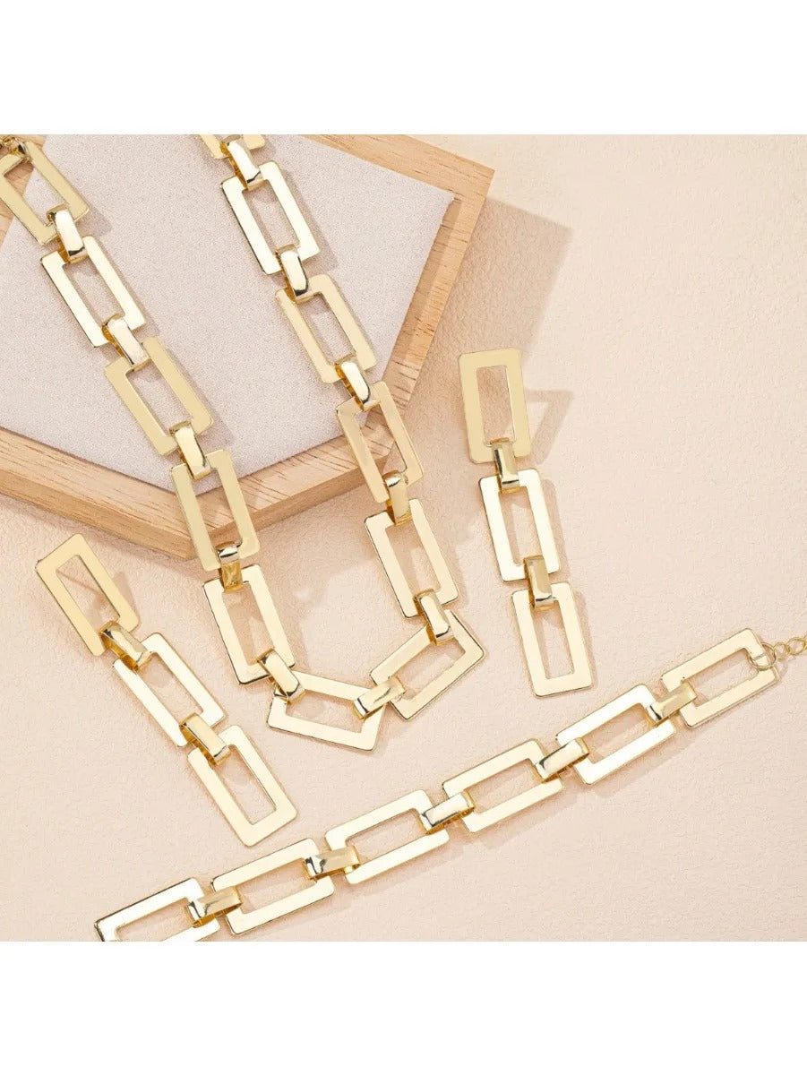 4PCS Stainless Steel Fashion Gold Color Geometric Chain Necklace Bracelets For Women - Revelloventures