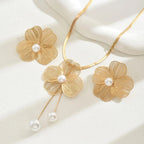 2pcs Set Luxury Personality Gold Color Stereo Flower Inlay Pearl Necklace Earrings Set for Women - Revelloventures