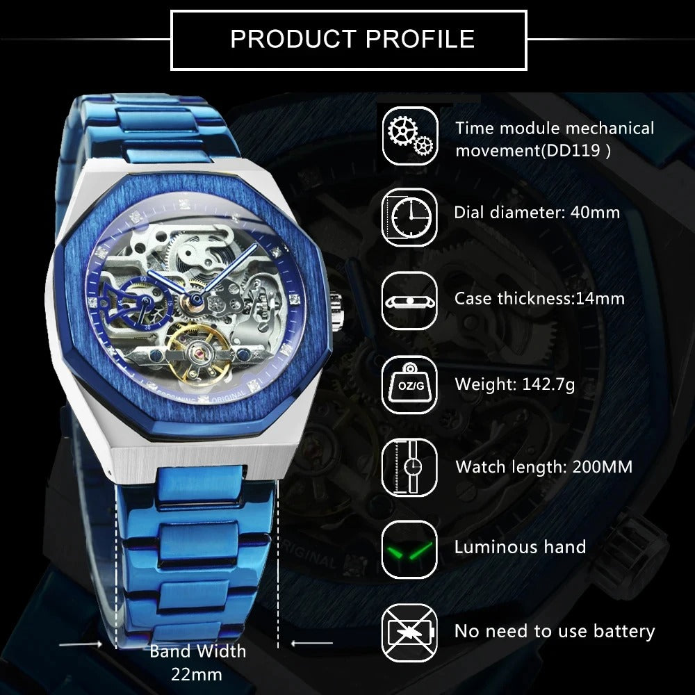 Forsining Silver Automatic Watch Men 3D Diamond Dial Irregular Tourbillon Skeleton Mechanical Wristwatches Luminous Hands Clock - Revelloventures