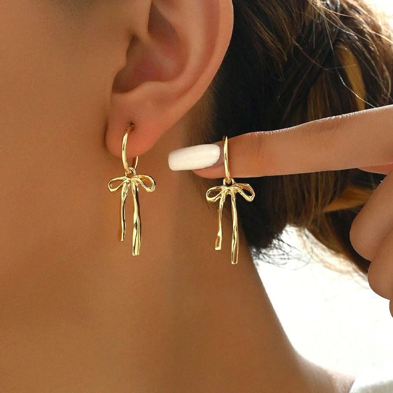 Retro Soft Bowknot Earrings Versatile Gold Tassel Stud Earring