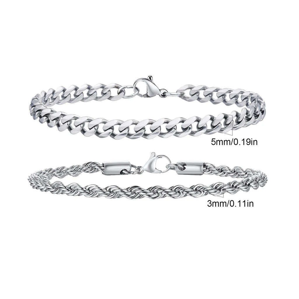 2pcs Men's Chain Bracelets,Stainless Steel Silver Gold Black Color Twist Rope Chain Wristband,Trendy Cuban Link Chains Gift - Revelloventures
