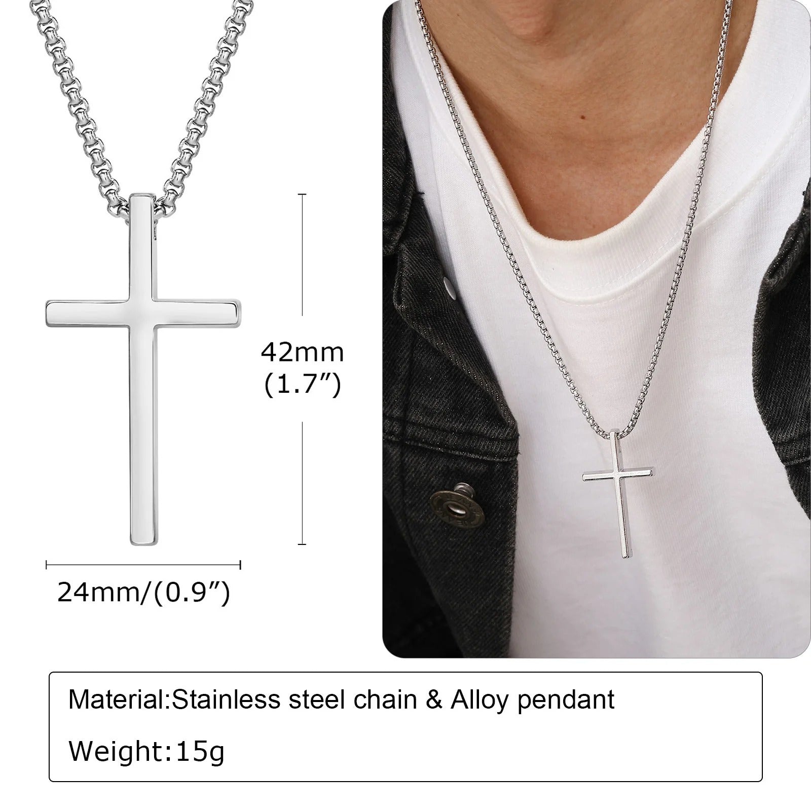 Stainless Steel Cross Necklace, Silver Color Plain Cross Pendant Collar