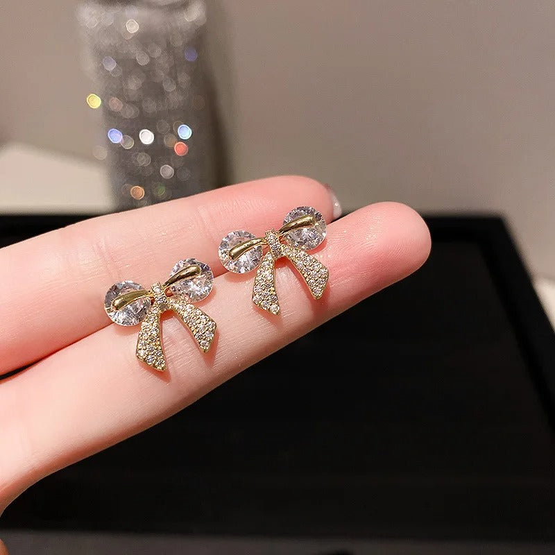 Petite Cherry Delicate Stud Earrings For Women Lovely Cute Zircon Rhinestone Bow Bowknot Earring