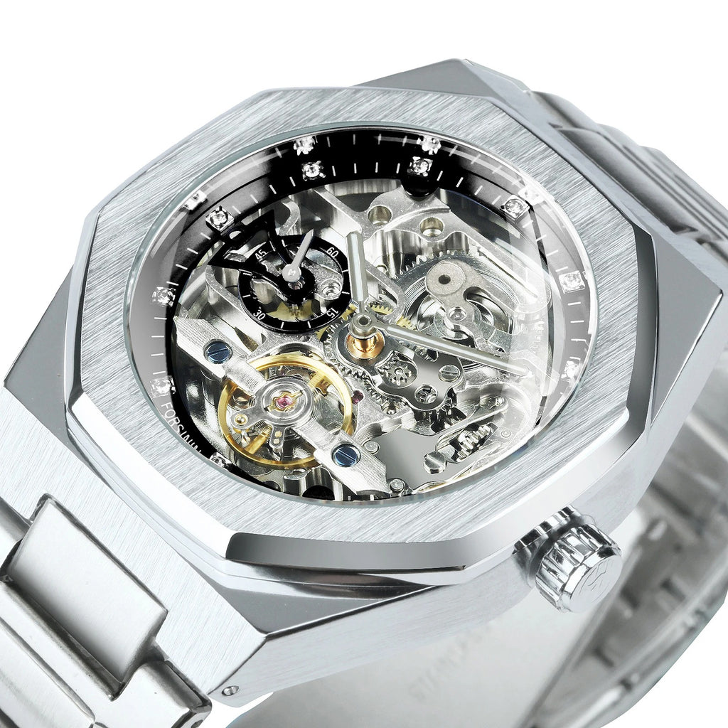 Forsining Silver Automatic Watch Men 3D Diamond Dial Irregular Tourbillon Skeleton Mechanical Wristwatches Luminous Hands Clock - Revelloventures