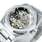Forsining Silver Automatic Watch Men 3D Diamond Dial Irregular Tourbillon Skeleton Mechanical Wristwatches Luminous Hands Clock - Revelloventures