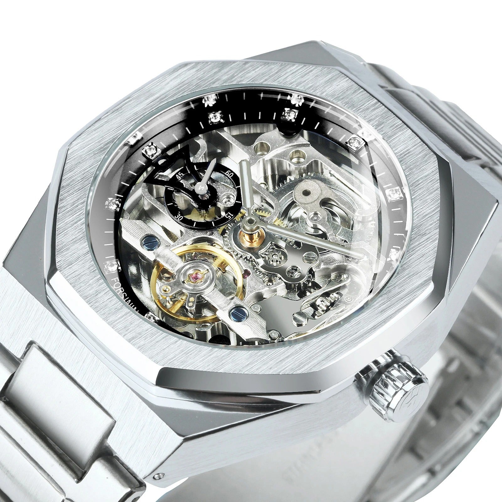 Forsining Silver Automatic Watch Men 3D Diamond Dial Irregular Tourbillon Skeleton Mechanical Wristwatches Luminous Hands Clock - Revelloventures