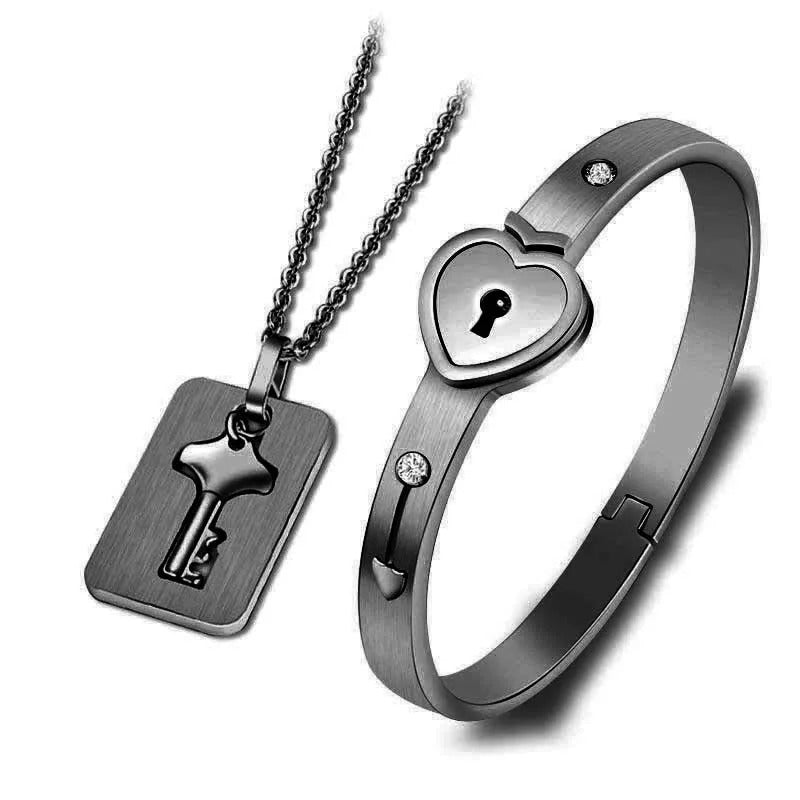 Heart Bracelet Choker Set Jewelry Stainless Steel Key Pendant Necklace Women Men Lover Couples - Revelloventures