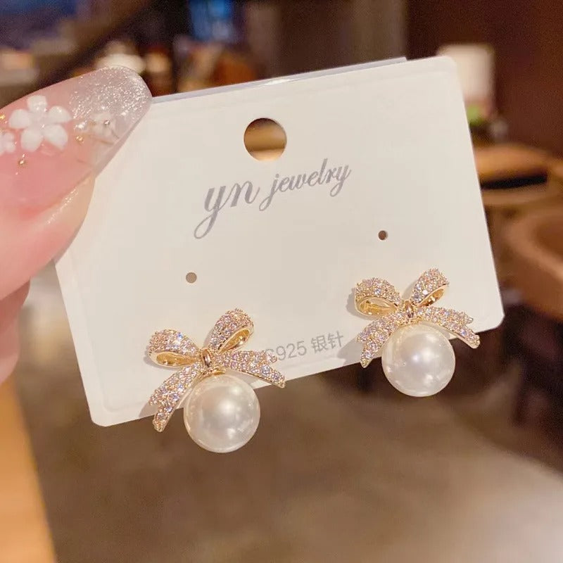 Petite Cherry Delicate Stud Earrings For Women Lovely Cute Zircon Rhinestone Bow Bowknot Earring