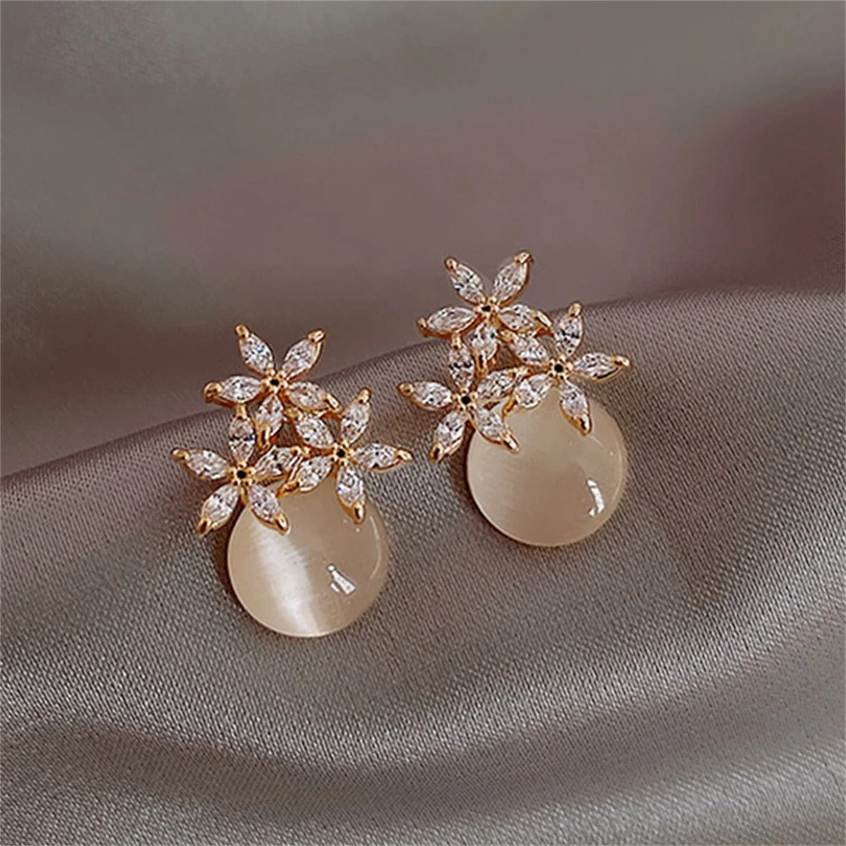 Exquisite Opal Flower Stud Pearl Floral Leaves Earrings