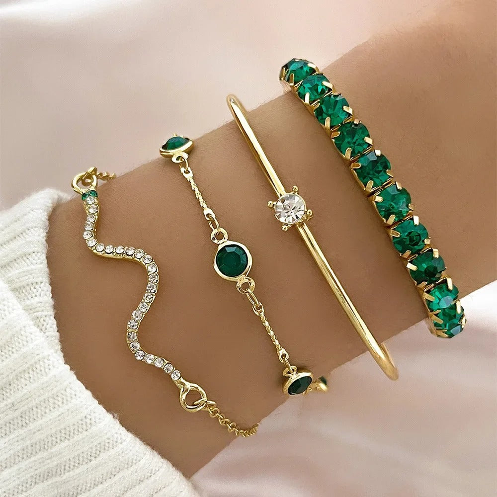 4Pcs/Set Fashion Snake Green Gemstone Bangle Rhinestone Full Metal Bracelet For Women - Revelloventures