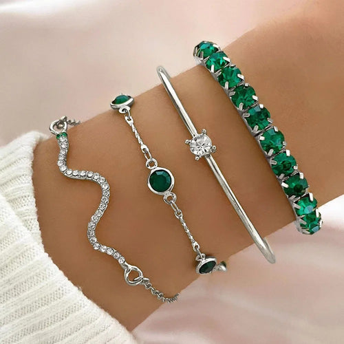 4Pcs/Set Fashion Snake Green Gemstone Bangle Rhinestone Full Metal Bracelet For Women - Revelloventures